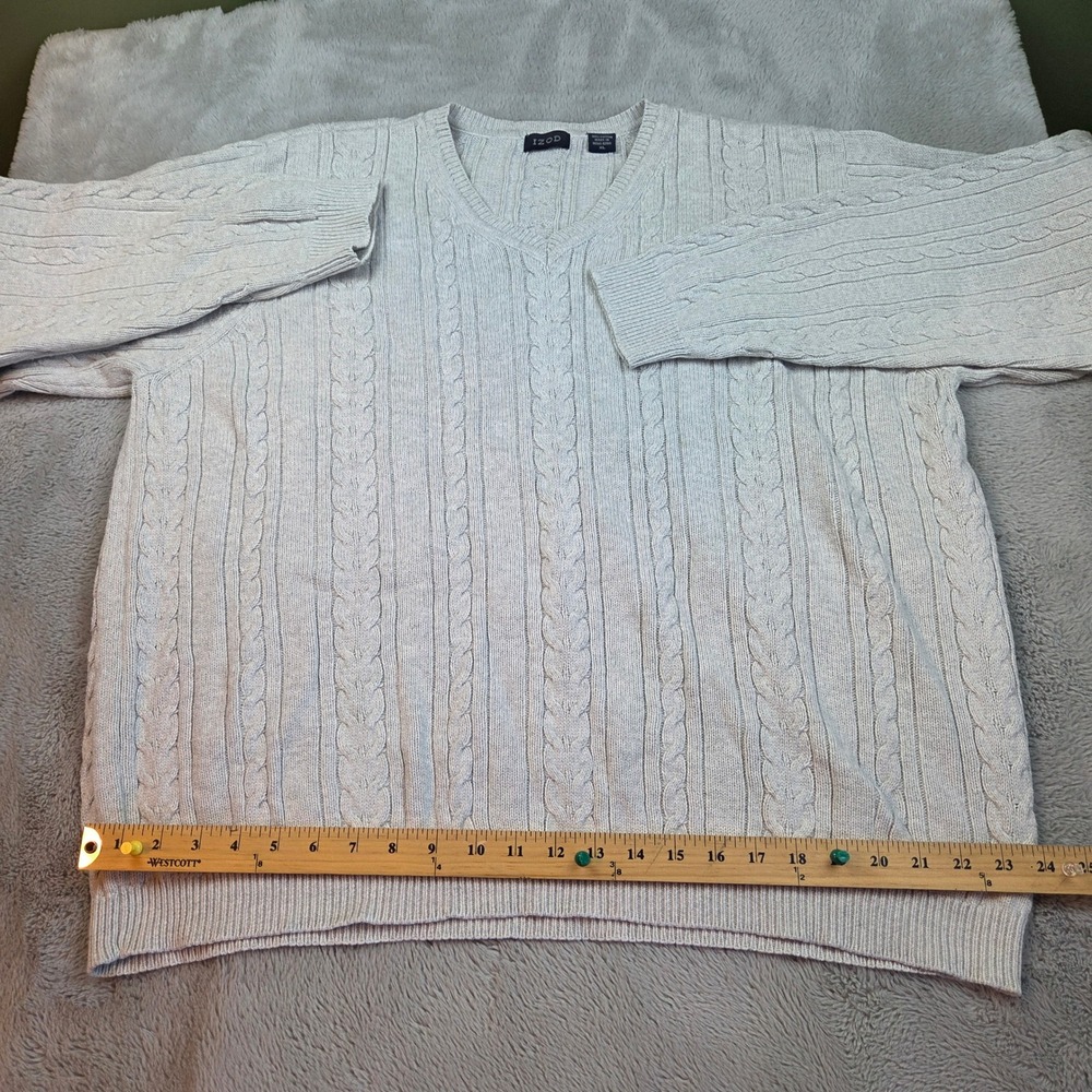 VTG IZOD Sweater Mens XL Cable Knit V-Neck Long Sleeve Grey Pullover 100% Cotton - Picture 1 of 6
